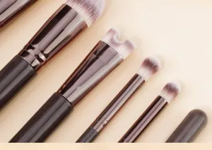 Detailed shot of makeup brush bristles and metal ferrule, soft bristles, professional tool.