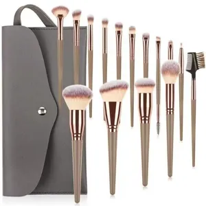 Professional Makeup Brushes Soft Nylon Hair Wooden Handle Champagne Face And Eye Cosmetics Brushes With PU Storage Bag