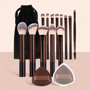 Professional Brown Aluminum Tube Makeup Brush Set With Storage Bag And Triangle Powder Puffs Cosmetic Beauty Tools