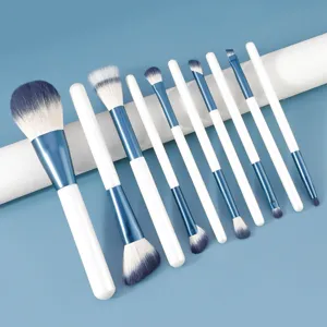 10-delige professionele make-up kwastenset met witte handvatten en blauwe hulzen voor zacht.