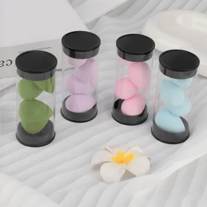 Mini beauty sponge blender set with 4 clear containers, soft makeup puff for flawless finish.