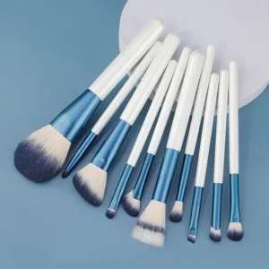 Gedetailleerd overzicht van zachte synthetische make-upkwasten met blauwe handvatten voor precisie.