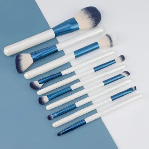 Gedetailleerd overzicht van 10-delige make-upkwastenset met zachte blauw-witte haren.