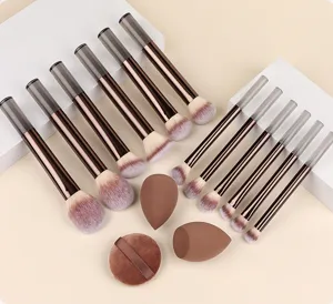 Professionele 12-delige make-up penselen set met sponzen en poederdonsjes voor mooie look.
