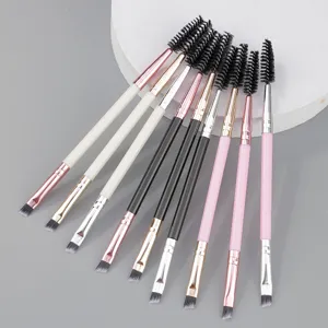 Dual ended eyebrow brush and spoolie makeup tool set with angled design for precise application.