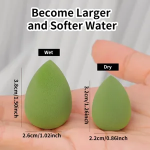 Detail closeup of green teardrop makeup sponge showing wet and dry size comparison.