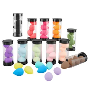 Clear tube set of mini makeup sponges, soft non-latex cosmetic puffs for smooth liquid foundation.
