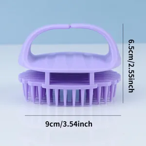 Scalp massage brush detail view, purple silicone shampoo comb showing dimensions and teeth.