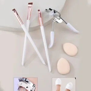 Professional Makeup Brush Set Plastic Handle Aluminum Tube Eyeliner Brush Eyelash Curler Finger Puff Cosmetic Tools For Women Daily Travel