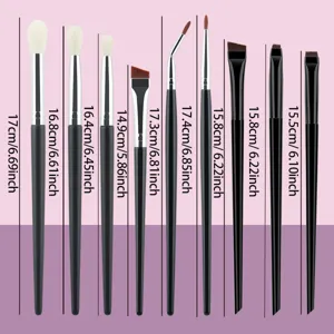 Professional 9-piece black makeup brush set with precise length dimension guides for detailed eye makeup.