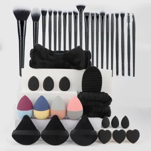 Professionele Make-up Borstel Set Kunststof Aluminium Synthetische Vezel Zachte Haren Foundation Poeder Borstel Spons Bladerdeeg Hoofdband Reiniging Pad Kit Zwart