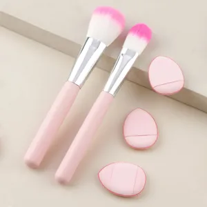 Set di pennelli da trucco rosa e piumini cipria, strumenti cosmetici portatili per il viso