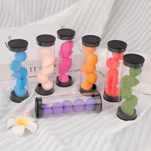 Mini makeup sponge set in clear cylindrical tubes, colorful blending eggs, soft and durable.