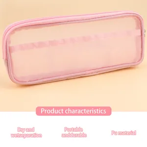 Pink mesh pencil case detail, transparent zipper pouch with portable design for storage.
