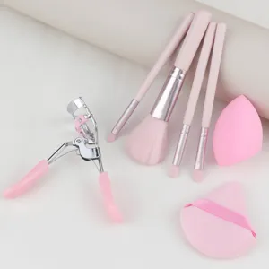 Professional Makeup Brush Eyelash Curler Powder Puff Soft Fiber Hair Wood Handle Portable Beauty Cosmetic Tool Kit