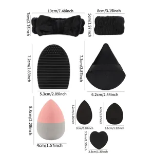Set van 40 make-up gereedschap spons poederdons hoofdband set met afmetingen.