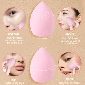 Pink teardrop makeup sponge with multi-functional bevel and tip for flawless cosmetic blending.