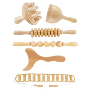 Kit Outils de Massage en Bois Naturel Madérothérapie Dos Cou Taille Corps Entier Rouleau Musculaire Grattage Planche Guasha