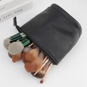 Black PU leather cosmetic brush storage bag, telescopic stationery pouch detail display with brushes.