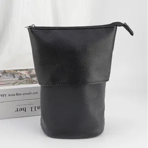 Black PU leather telescoping makeup brush holder pencil pouch zipper stand up storage bag
