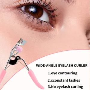 Professional wide angle eyelash curler with pink handle grip and silicone pad for curl.