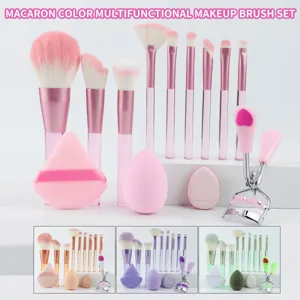 Multifunktionales Make-up Pinsel Set Macaron Farben Synthetische Fasern Reise Schönheit Werkzeuge Tasche Schwamm Wimpernzange Set Für Damen Täglich