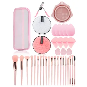 Professional Makeup Brush Set Pink Synthetic Fiber Bristles Plastic Handle Cosmetics Blending Tool Kit Bag Sponge Curler For Daily Beauty Travel Women