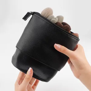 Large capacity telescopic makeup brush bag PU leather storage holder stand up case