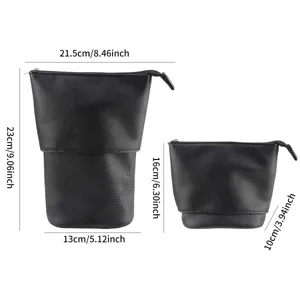Telescopic PU leather cosmetic bag and pencil pouch with size dimensions for daily travel use.