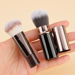 Portable retractable makeup brush set with aluminum cap for powder and blush application.