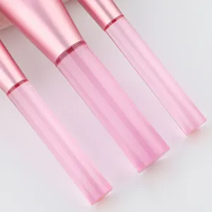 Detaillierte Ansicht rosa Pinselstiele mit transparentem Streifendesign und Metallzwinge.