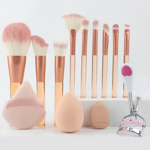 Detailansicht des professionellen 13-teiligen Make-up-Pinsel-Sets und Zubehörs.
