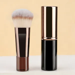 Portable 2-piece makeup brush set with cap, retractable loose powder and blush brush tool.