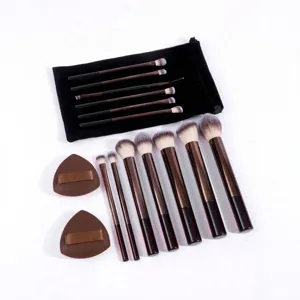 13-piece brown makeup brush set with storage bag and powder puffs for daily beauty.