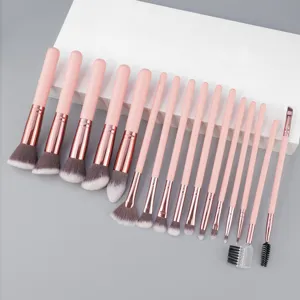 Set profesional de 16 brochas de maquillaje con cerdas sintéticas suaves y mango.