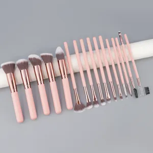 Set de 16 brochas de maquillaje rosas profesionales pelo sintetico para cara y ojos