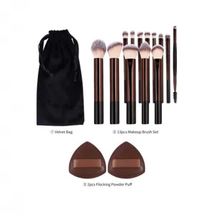 13pcs makeup brush set with velvet bag and powder puffs, brown handle professional tools.
