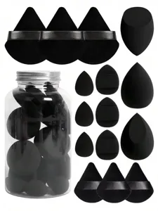 Set 15 spugnette trucco nere con barattolo, uova di bellezza e puff per fondotinta senza lattice.