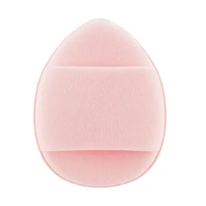 Pink teardrop makeup puff, latex-free soft cushion sponge with finger strap for application.