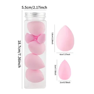 Detail view of canned makeup sponge set showing size specifications, soft non-latex cosmetic sponges.