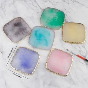 Square resin nail art palette with gold edge, colorful agate style makeup mixing tool for display board.