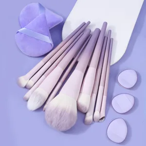 Gradient purple makeup brush set and powder puffs 10pcs professional cosmetic tool kit detail