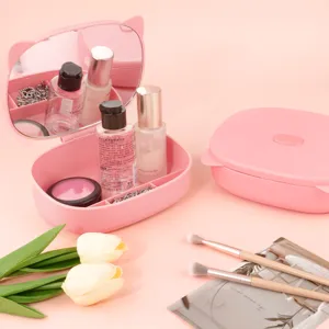 Rosa Katzenohr Make-up-Aufbewahrungsbox mit Klappspiegel Desktop Organizer Kosmetikkoffer