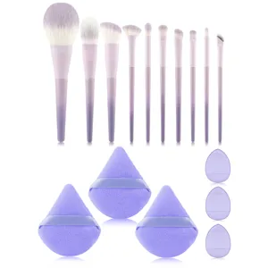 10-piece gradient purple makeup brush set with soft cosmetic puffs, detail view of tools.