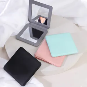 Portable Square Makeup Mirror Double Sided Folding Compact Mirror Desktop Stand Vanity Mirror PU Leather Cover Cosmetics Tool