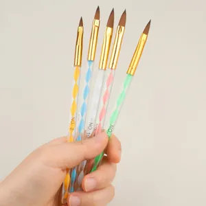 Detailed view of 5pcs crystal handle nail art brushes with colorful spiral designs and fine tips.