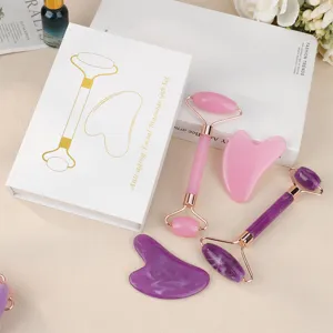 Set de rodillo de jade facial y gua sha, herramienta de masaje doble para el cuidado de la piel.