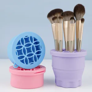 Silicone makeup brush cleaner cup collapsible washing drying storage tool detail view.