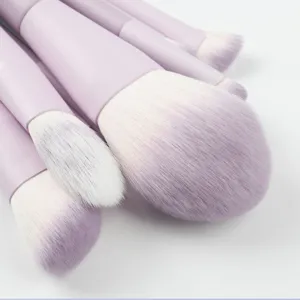Gedetailleerde close-up van zachte make-upkwasten set in pastelpaars voor poeder en blenden.