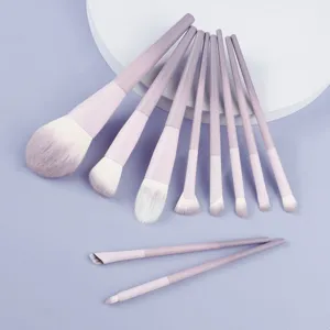 Gedetailleerd overzicht van de 10-delige paarse make-up penselenset met zachte haren.